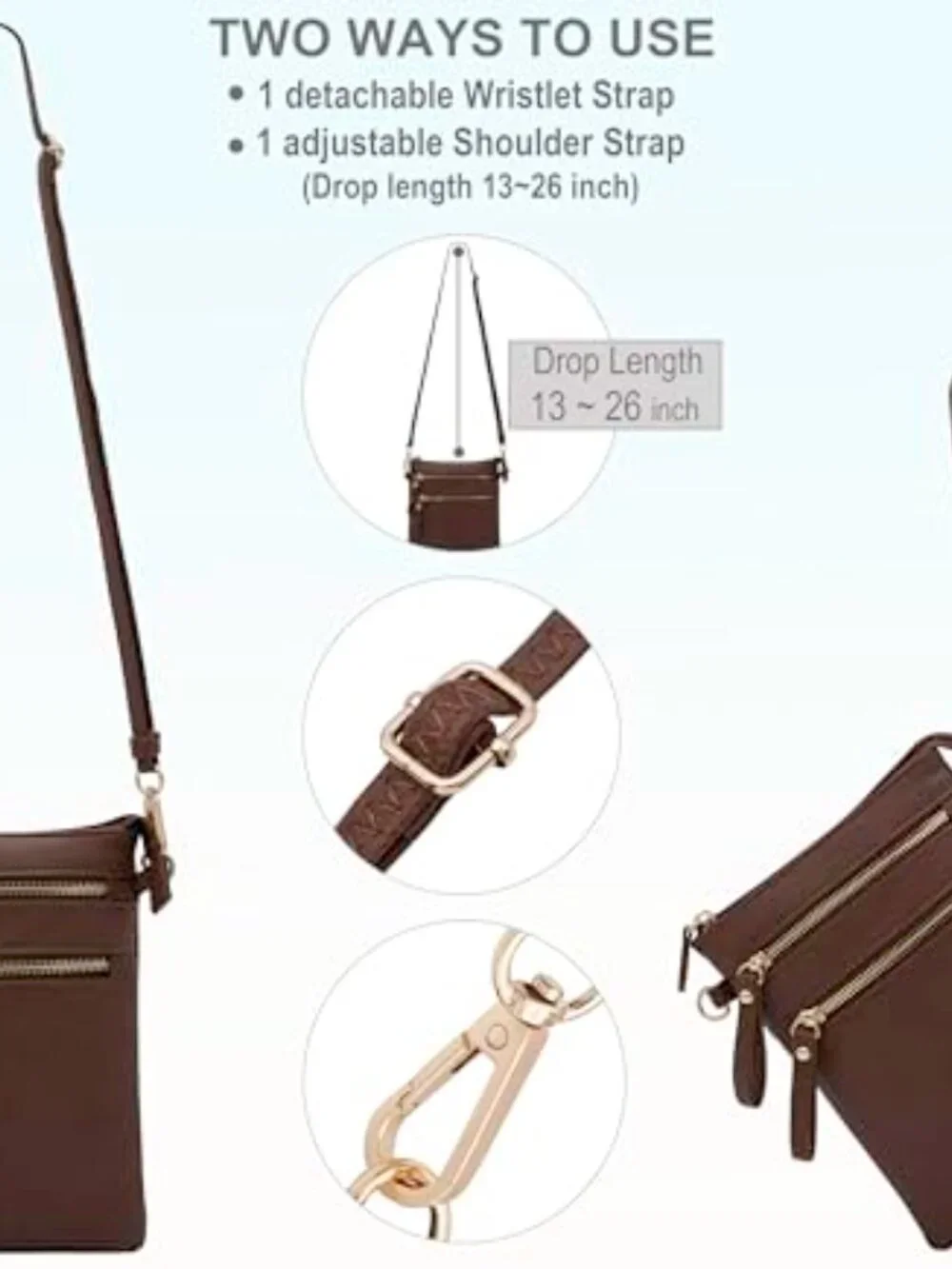 Small Crossbody Bag with Multi Zip Pockets, Detachable Wristlet, Lightweight